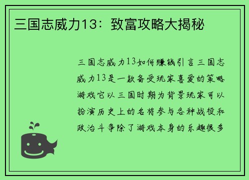三国志威力13：致富攻略大揭秘